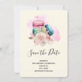 Waterverf van de Kleurrijke Macarons en de Bloemen Save The Date (Voorkant)