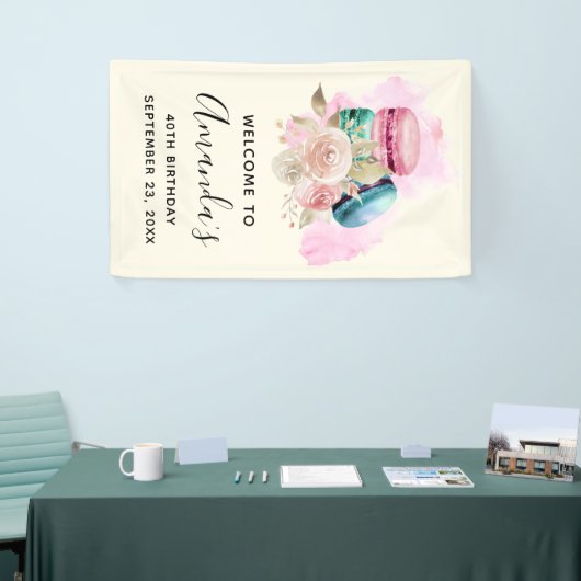 Waterverf van de Kleurrijke Macarons en de Bloemen Spandoek (Beurs)