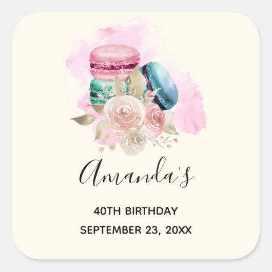 Waterverf van de Kleurrijke Macarons en de Bloemen Vierkante Sticker (Voorkant)