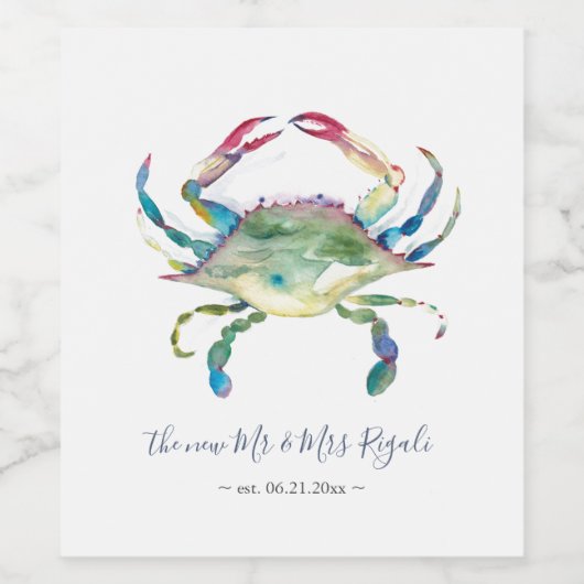 Waterverf van de kustblauwe krab wijn etiket (Enkel label)