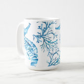 Waterverf van de kustblauwe zeepaardjes en de kora koffiemok (Voorkant links)