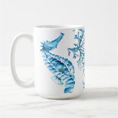 Waterverf van de kustblauwe zeepaardjes en de kora koffiemok (Links)