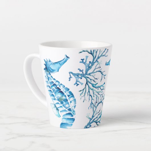 Waterverf van de kustblauwe zeepaardjes en de kora latte mok (Linkerhoek)