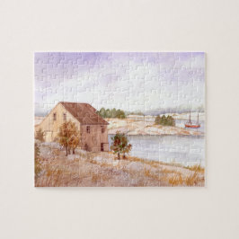 Waterverf van de kustkust van het visserijhuis legpuzzel