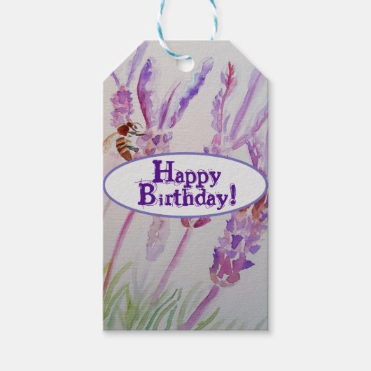 Waterverf van de lavendel en de bijen: Birthday Cadeaulabel (Voorkant)