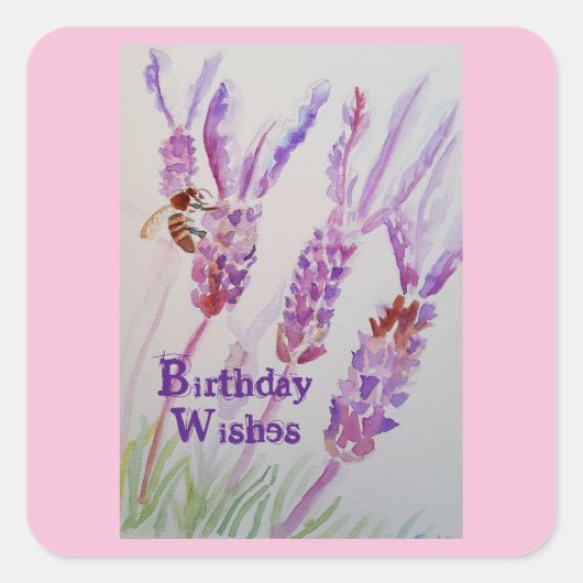 Waterverf van de lavendel en de bijen: Birthday Vierkante Sticker (Voorkant)