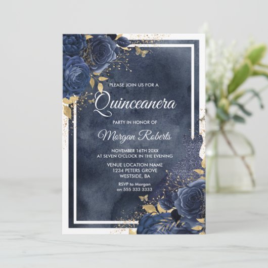 Waterverf van de marine, Floral & Dress, Gold Quin Kaart (Staand voorkant)