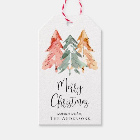 Waterverf van de Merry Kerstpine Boom Cadeaulabel (Voorkant)