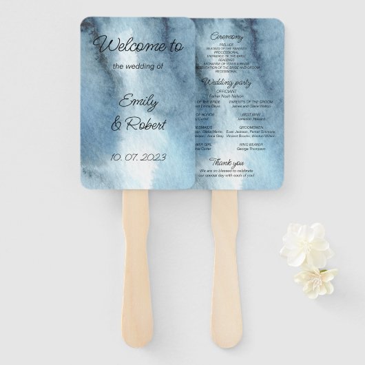 Waterverf van de mosterdblauwe marine handwaaier (Voorkant en achterkant)