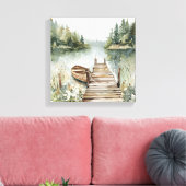 Waterverf van de Mountain Lake Boat Canvas Afdruk (Insitu (Woonkamer))