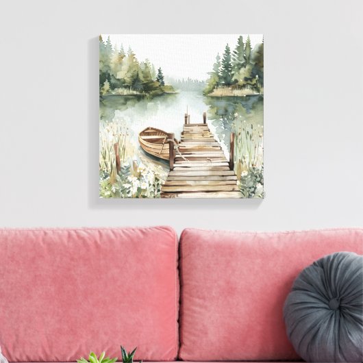 Waterverf van de Mountain Lake Boat Canvas Afdruk (Insitu (Woonkamer))
