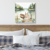 Waterverf van de Mountain Lake Boat Canvas Afdruk (Insitu (Slaapkamer))