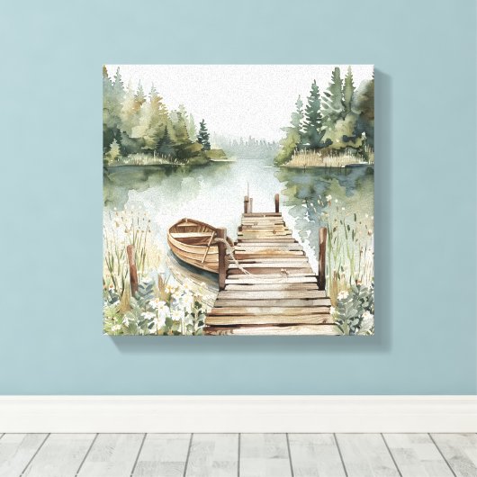 Waterverf van de Mountain Lake Boat Canvas Afdruk (Insitu (Houten vloer))