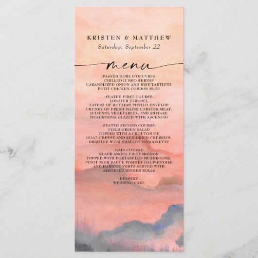 Waterverf van de mountainSunset Wedding Rustic Menu (Voorkant)