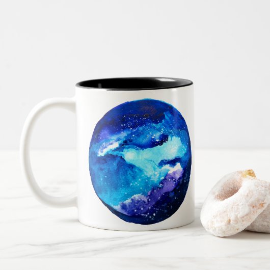 Waterverf van de nebula sterrenstelsel van de blau tweekleurige koffiemok (Met donut)