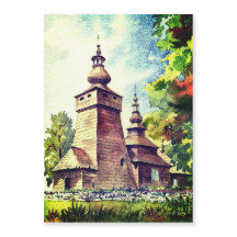  Waterverf van de Oekraïense Wooden Church