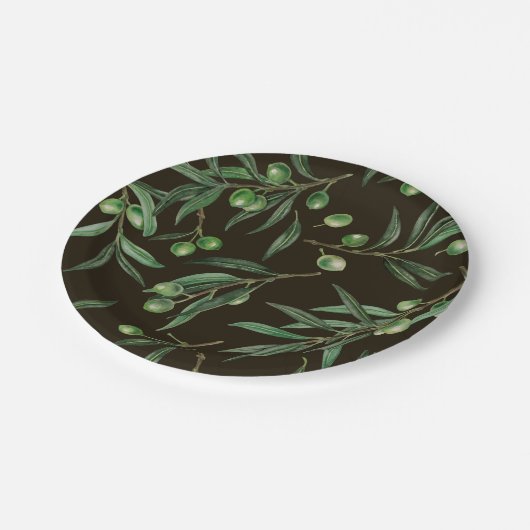 Waterverf van de olijvenbranche in zwarte zee papieren bordje (Gekanteld)