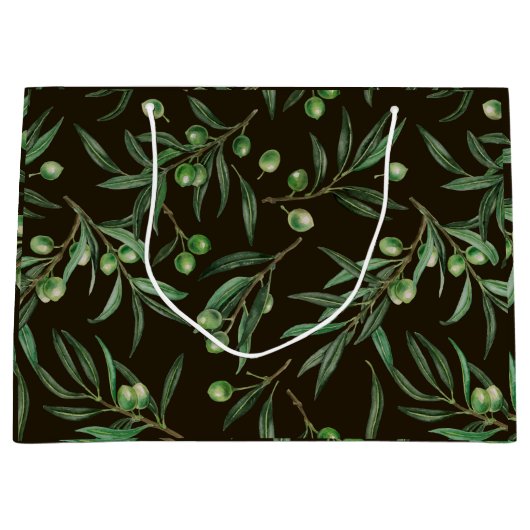 Waterverf van de olijvenbranche op zwarte inkt groot cadeauzakje (Voorkant)