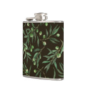 Waterverf van de olijvenbranche op zwarte inkt heupfles (Links)