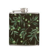 Waterverf van de olijvenbranche op zwarte inkt heupfles (Voorkant)