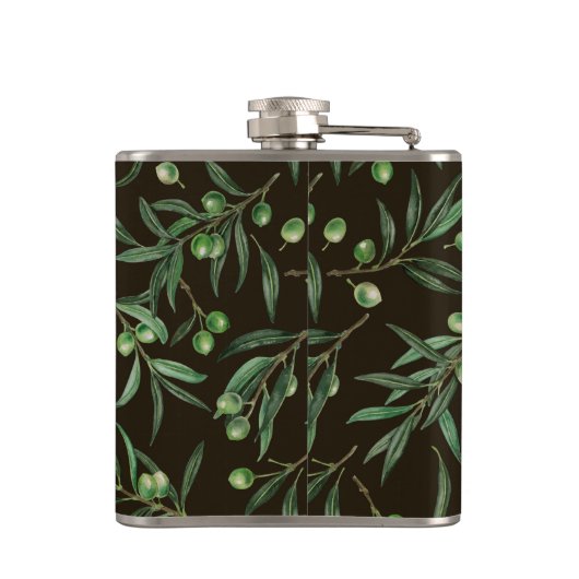 Waterverf van de olijvenbranche op zwarte inkt heupfles (Achterkant)