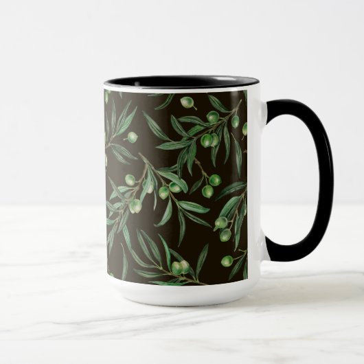 Waterverf van de olijvenbranche op zwarte inkt mok (Rechts)