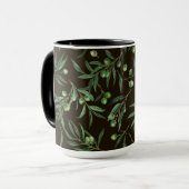 Waterverf van de olijvenbranche op zwarte inkt mok (Voorkant links)