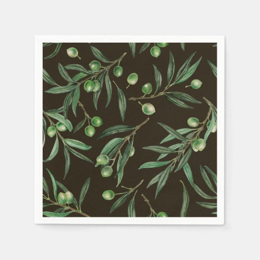 Waterverf van de olijvenbranche op zwarte inkt servet (Voorkant)