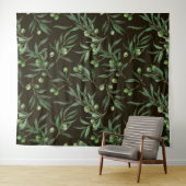 Waterverf van de olijvenbranche op zwarte inkt wandkleed (In Situ (horizontaal))