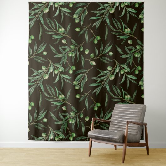 Waterverf van de olijvenbranche op zwarte inkt wandkleed (In situ)