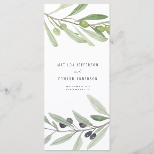 Waterverf van de olijventeelt schilderde bruiloft menu (Achterkant)