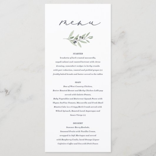 Waterverf van de olijventeelt schilderde bruiloft menu (Voorkant)