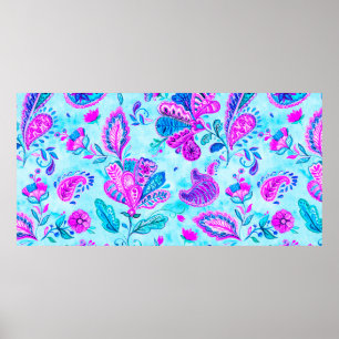 Waterverf van de Paisley-grieppatroon: bloemen, f Poster