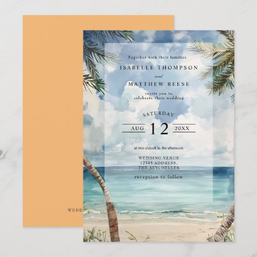 Waterverf van de Seychellen Tropical Beach bruilof Kaart (Voorkant / Achterkant)