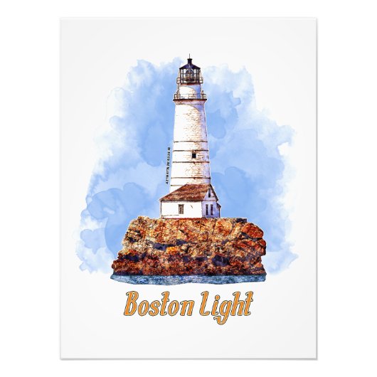 Waterverf van de vuurtoren van Boston - Massachuse Foto Afdruk (Voorkant)