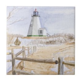 Waterverf van de vuurtoren van Plymought Tegeltje