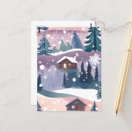 Waterverf van een berghut in de sneeuw briefkaart
