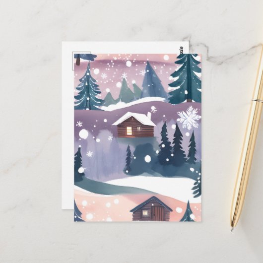 Waterverf van een berghut in de sneeuw briefkaart (Voorkant / Achterkant in situ)