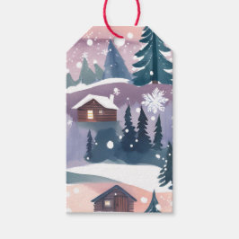 Waterverf van een berghut in de sneeuw cadeaulabel