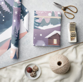 Waterverf van een blokhut in de besneeuwde bergen cadeaupapier