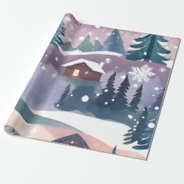 Waterverf van een blokhut in de besneeuwde bergen cadeaupapier