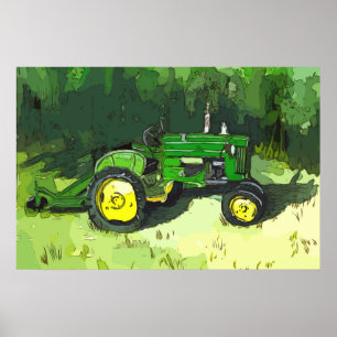 Waterverf van een groene tractor, met struik maaie poster