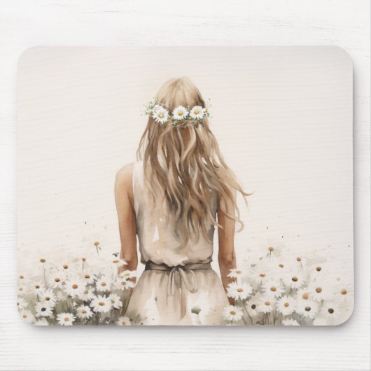 Waterverf van een jonge vrouw in Daisy Field Muismat (Voorkant)