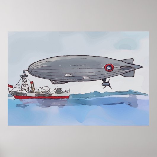 Waterverf van een luchtschip dat aan een boot is v poster (Voorkant)