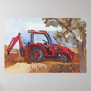 Waterverf van een oranje tractor graafmachine poster