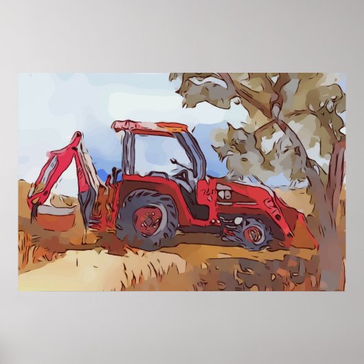 Waterverf van een oranje tractor graafmachine poster (Voorkant)