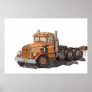 Waterverf van een oude oranje semi-tractor poster