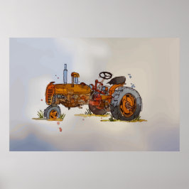 Waterverf van een roestige oude oranje tractor poster