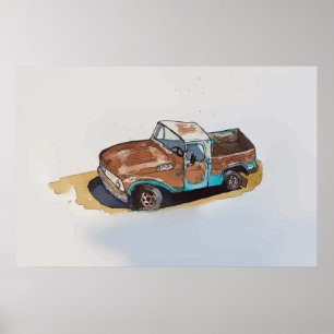 Waterverf van een roestige oude pick-up truck poster