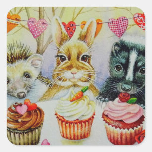 Waterverf van egel Rabbit Skunk & Cupcakes Art Vierkante Sticker